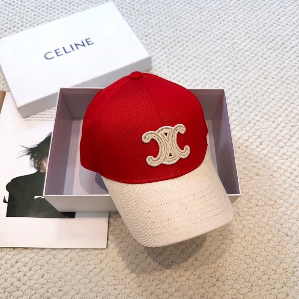 Celine Red and Cream Triomphe Baseball Cap